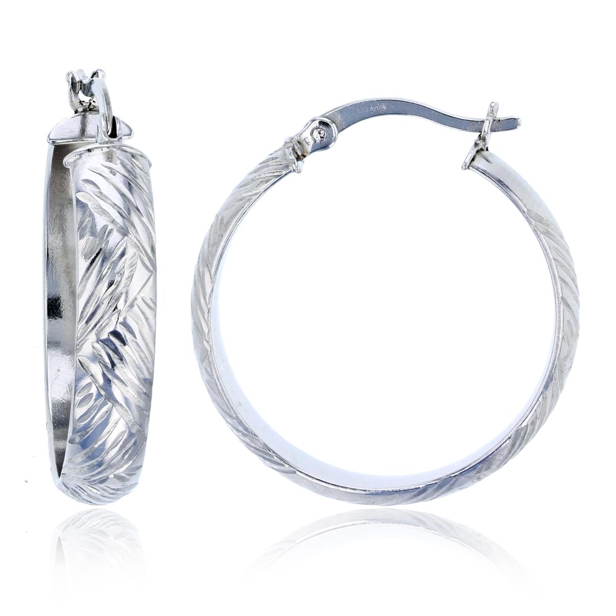 Sterling Silver Rhodium 25x5mm Zig-Zag Diamond Cut Hoop Earring
