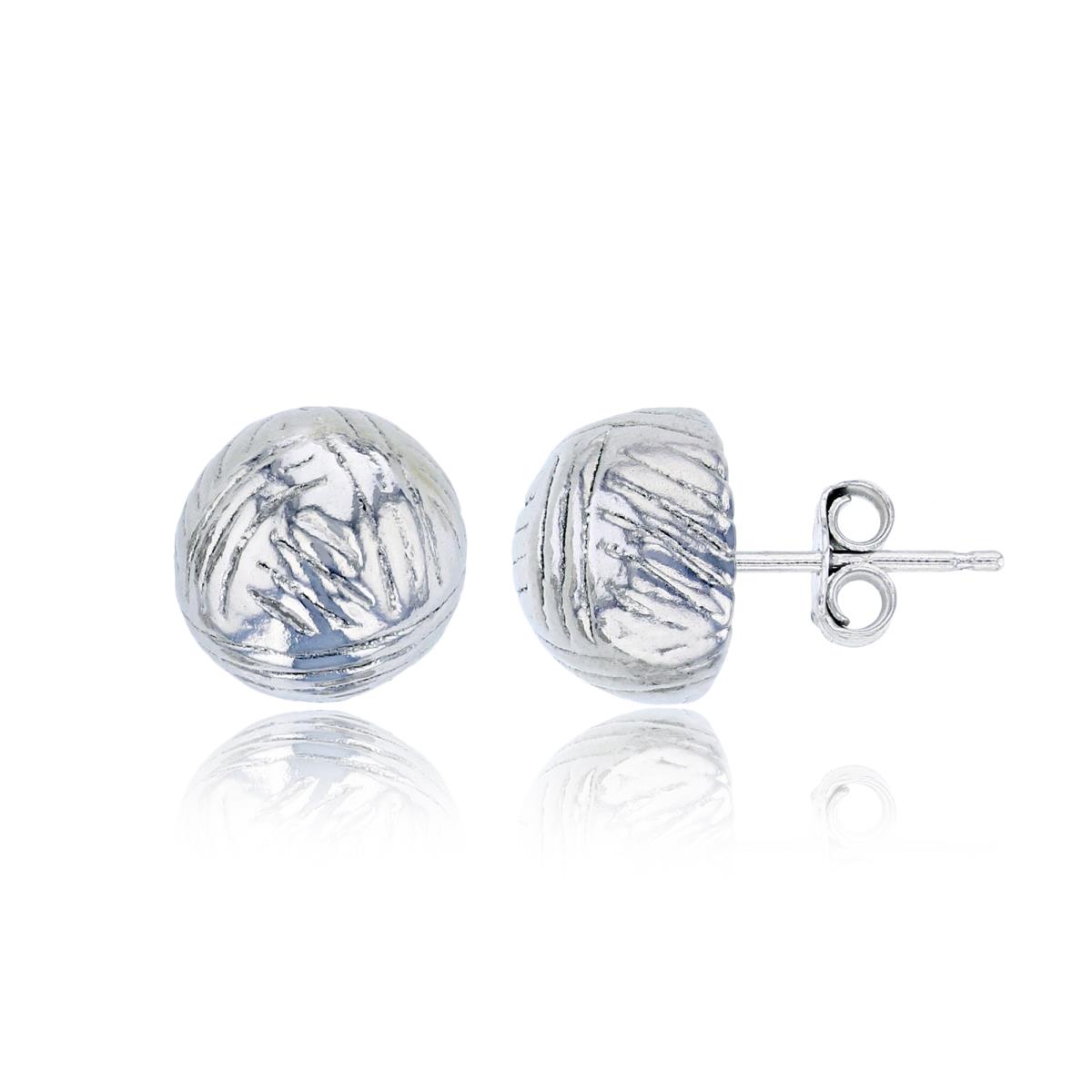Sterling Silver Rhodium 8mm Scratched Half Ball Electroformed Stud Earring