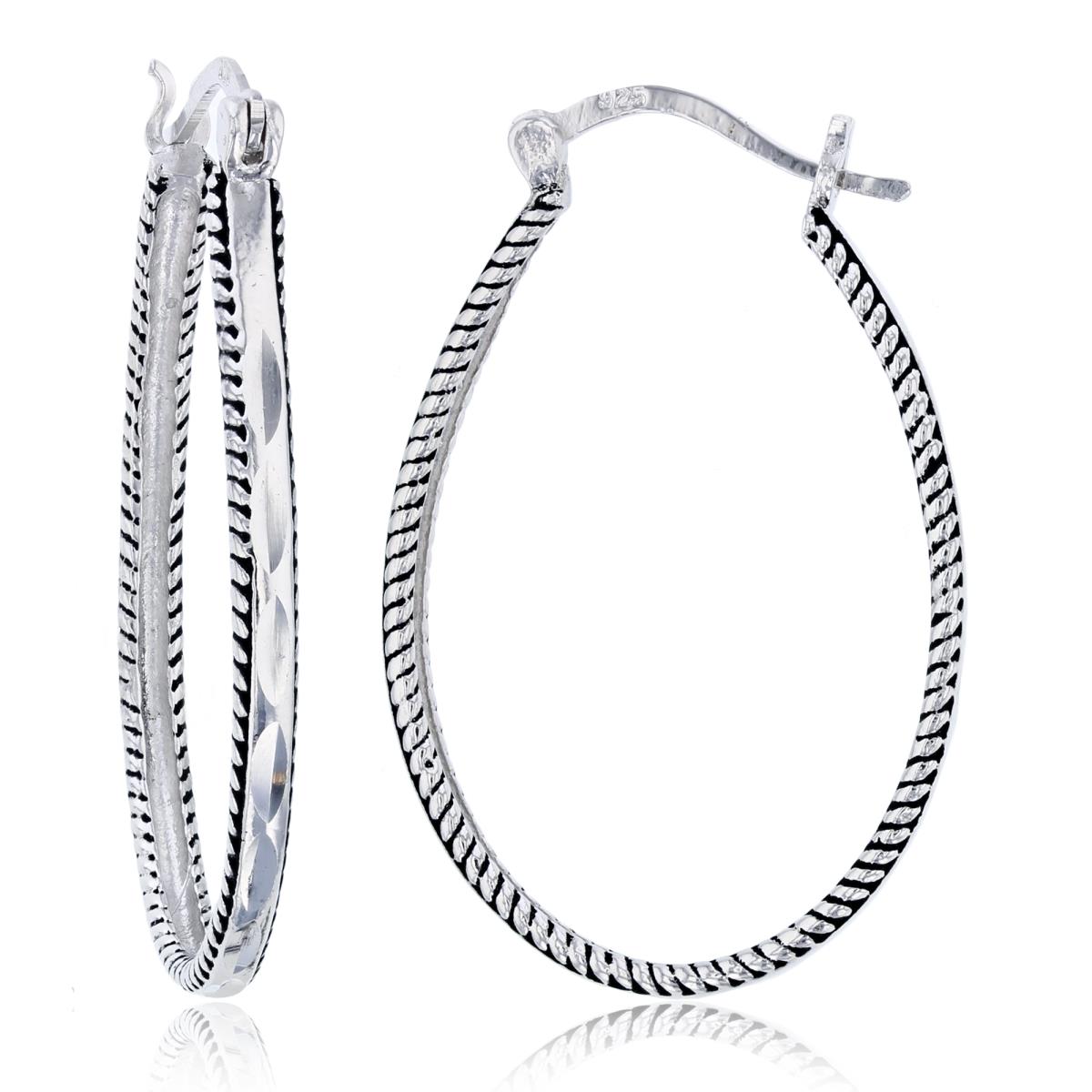 Sterling Silver Oxidized 36x3mm Rope Sides Diamond Cut Oval Hoop Earring