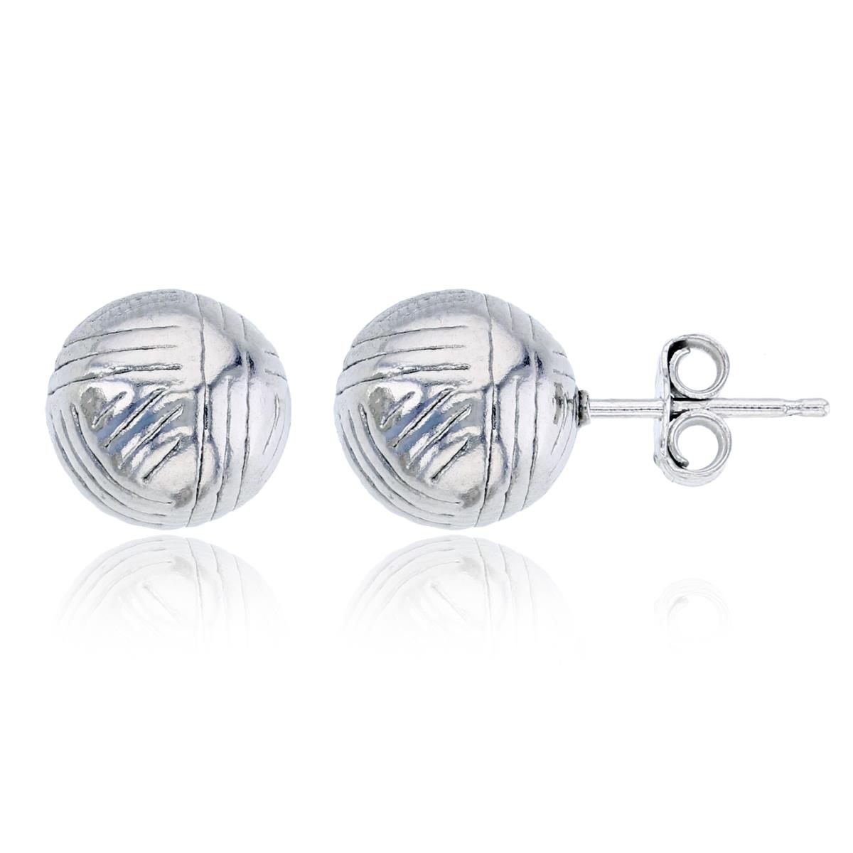 Sterling Silver Rhodium 10mm Scratched Ball Stud Earring