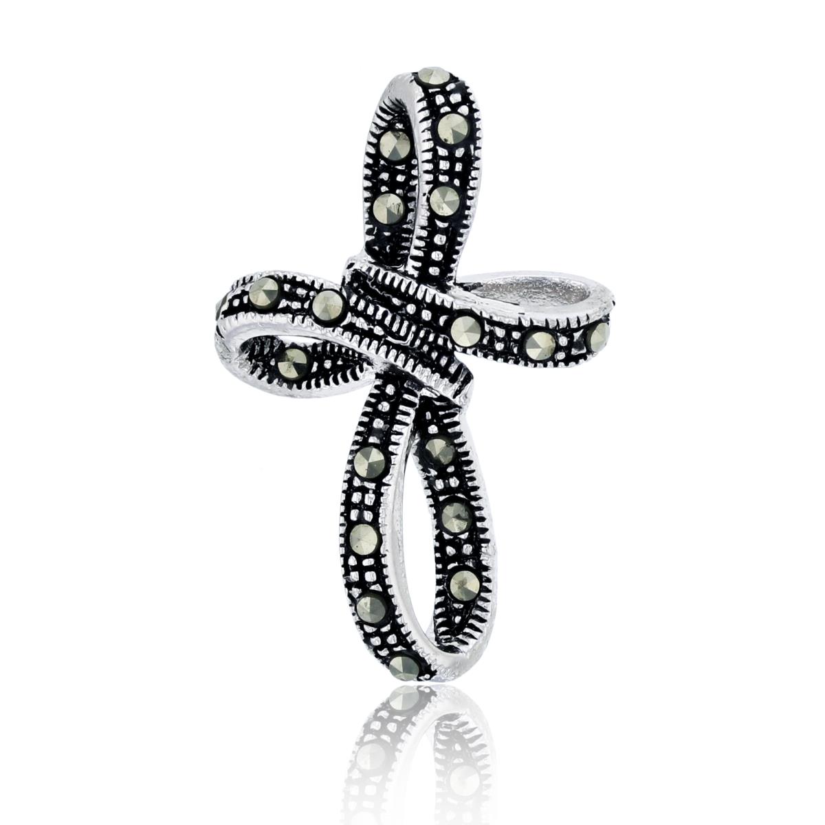 Sterling Silver Oxidized Round Cut Marcasite Milgrain Knotted Cross Pendant