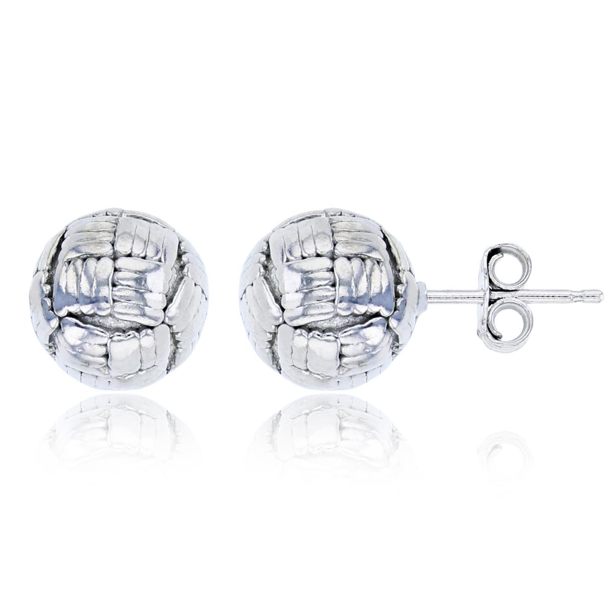 Sterling Silver Rhodium 10mm Textured Volleyball Stud Earring