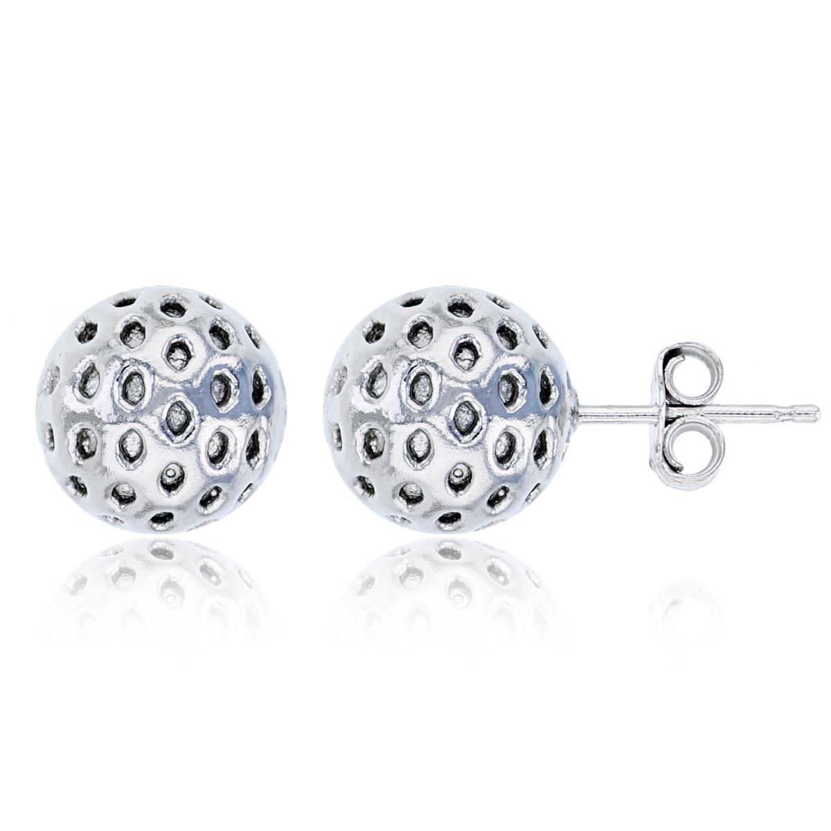 Sterling Silver Rhodium 10mm Dotted Ball Stud Earring