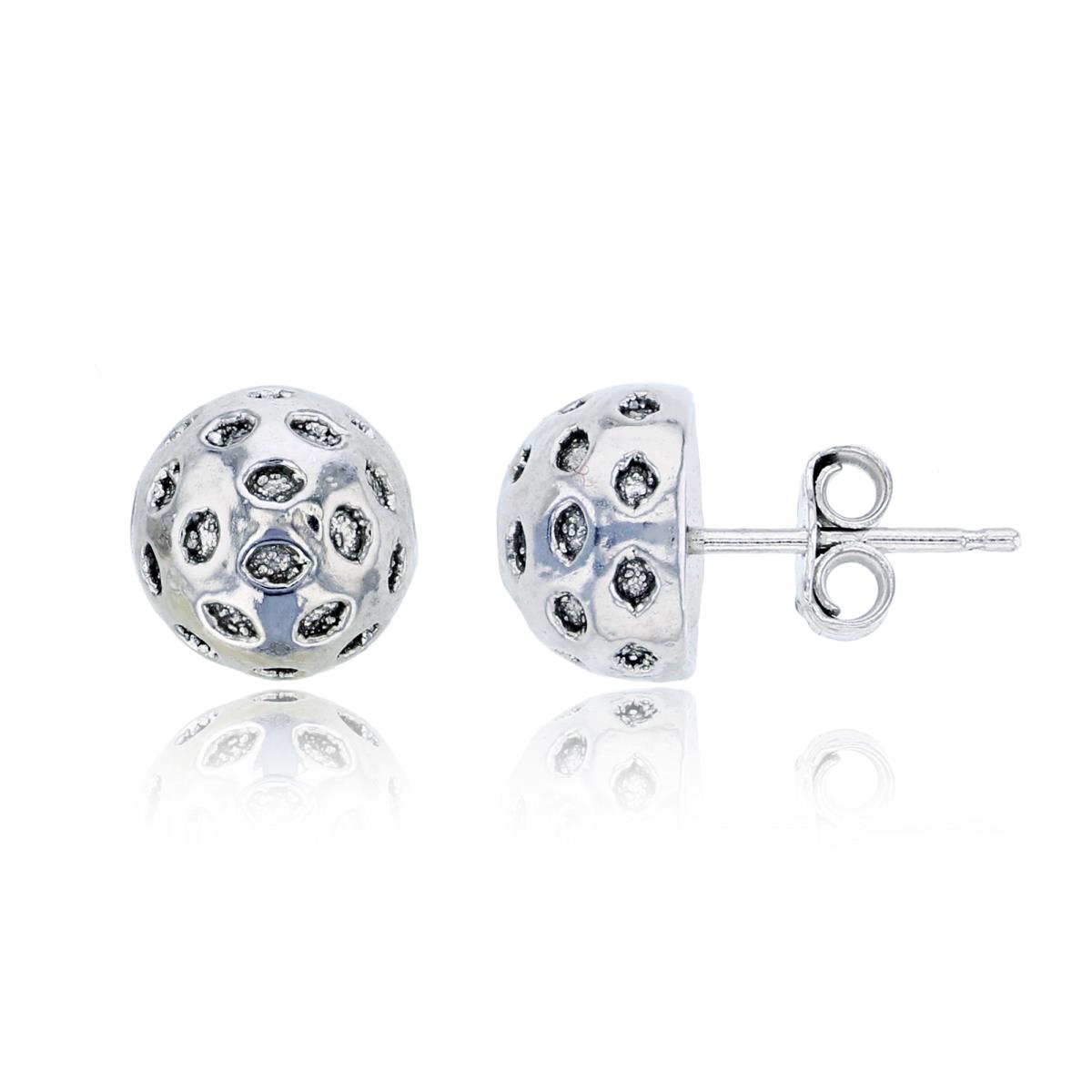 Sterling Silver Rhodium 8mm Dotted Half Ball Electroformed Stud Earring