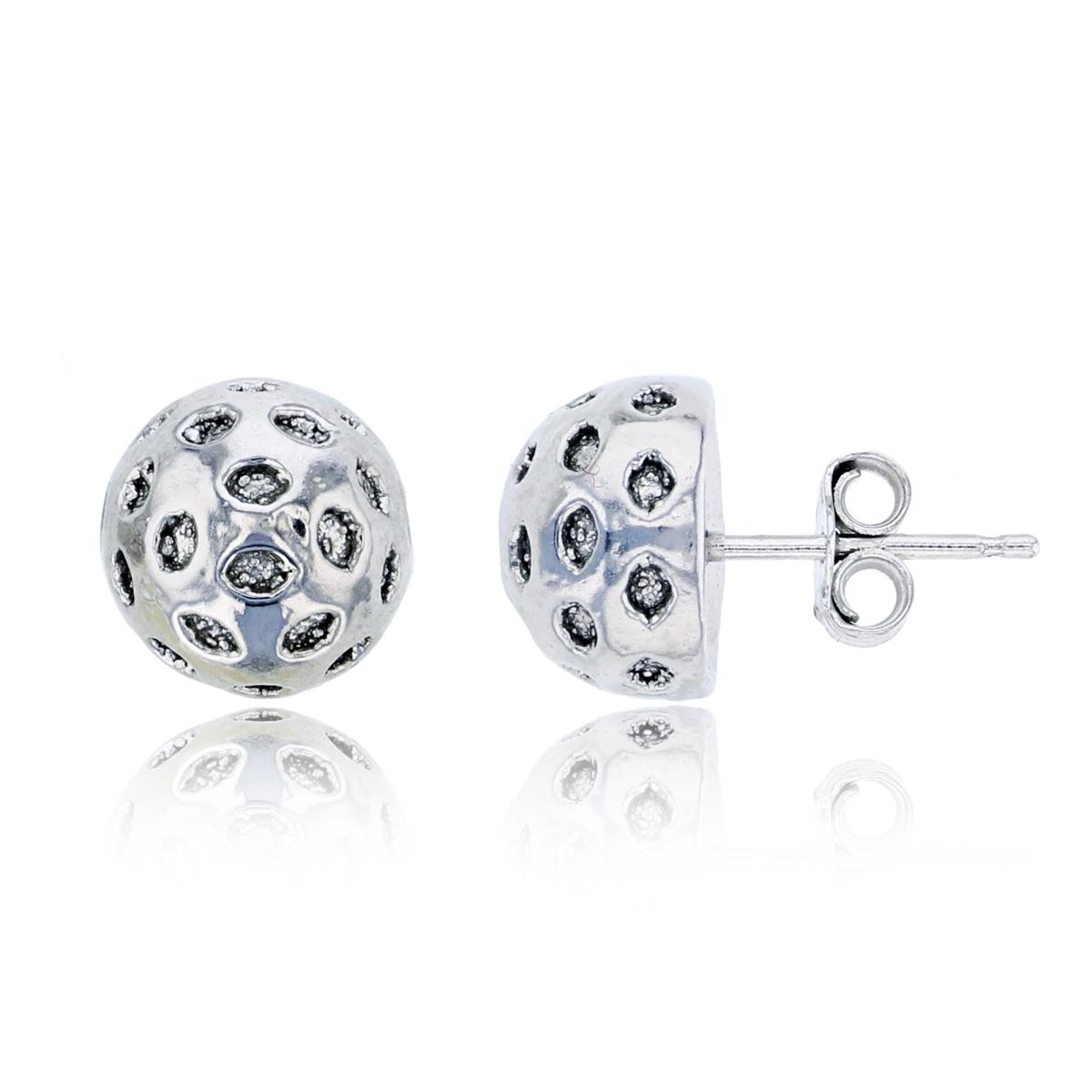 Sterling Silver Rhodium 10mm Dotted Half Ball Electroformed Stud Earring