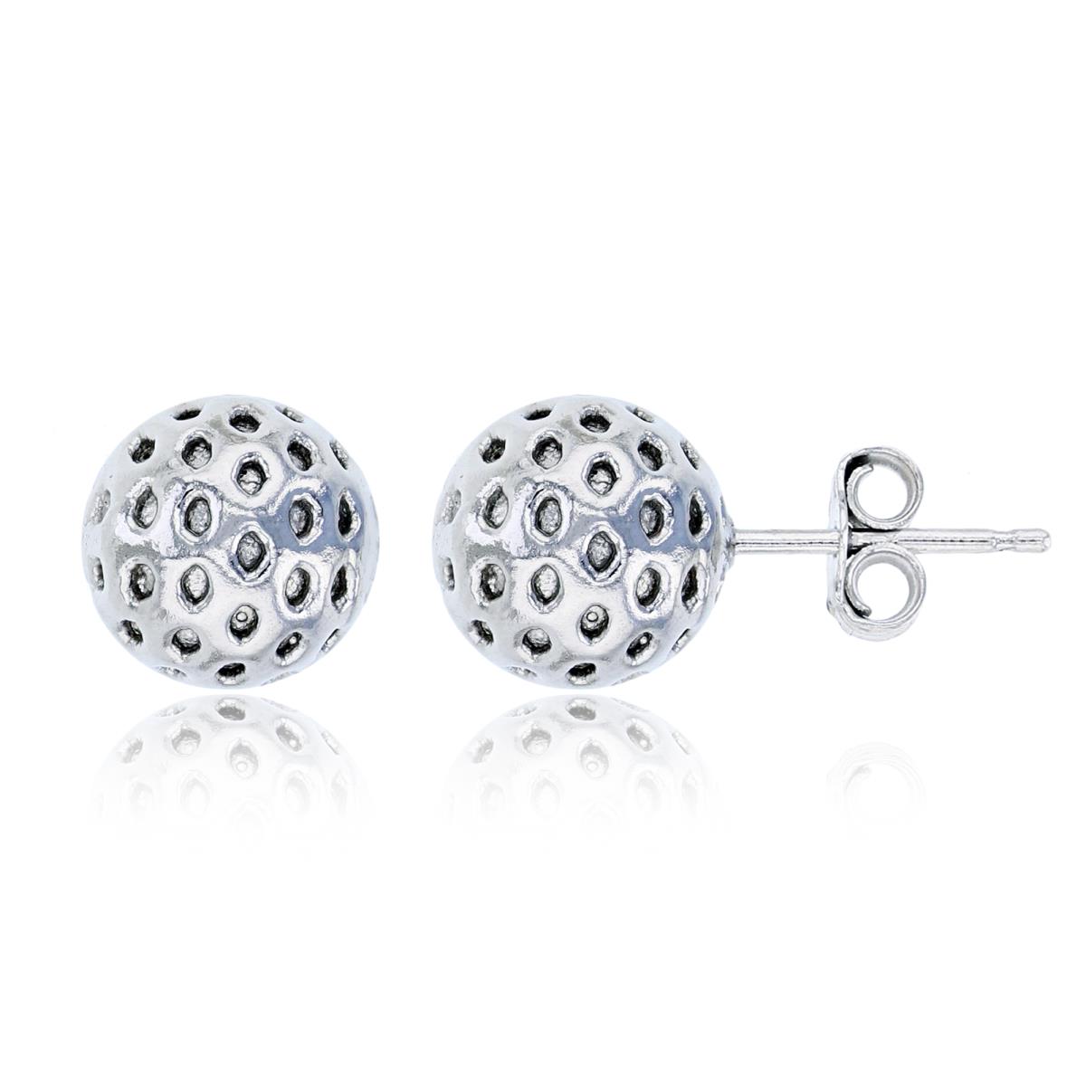 Sterling Silver Rhodium 8mm Dotted Ball Stud Earring