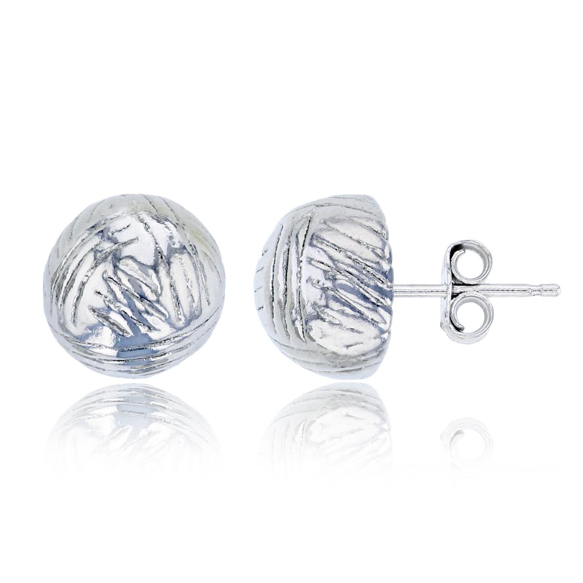 Sterling Silver Rhodium 10mm Scratched Half Ball Electroformed Stud Earring
