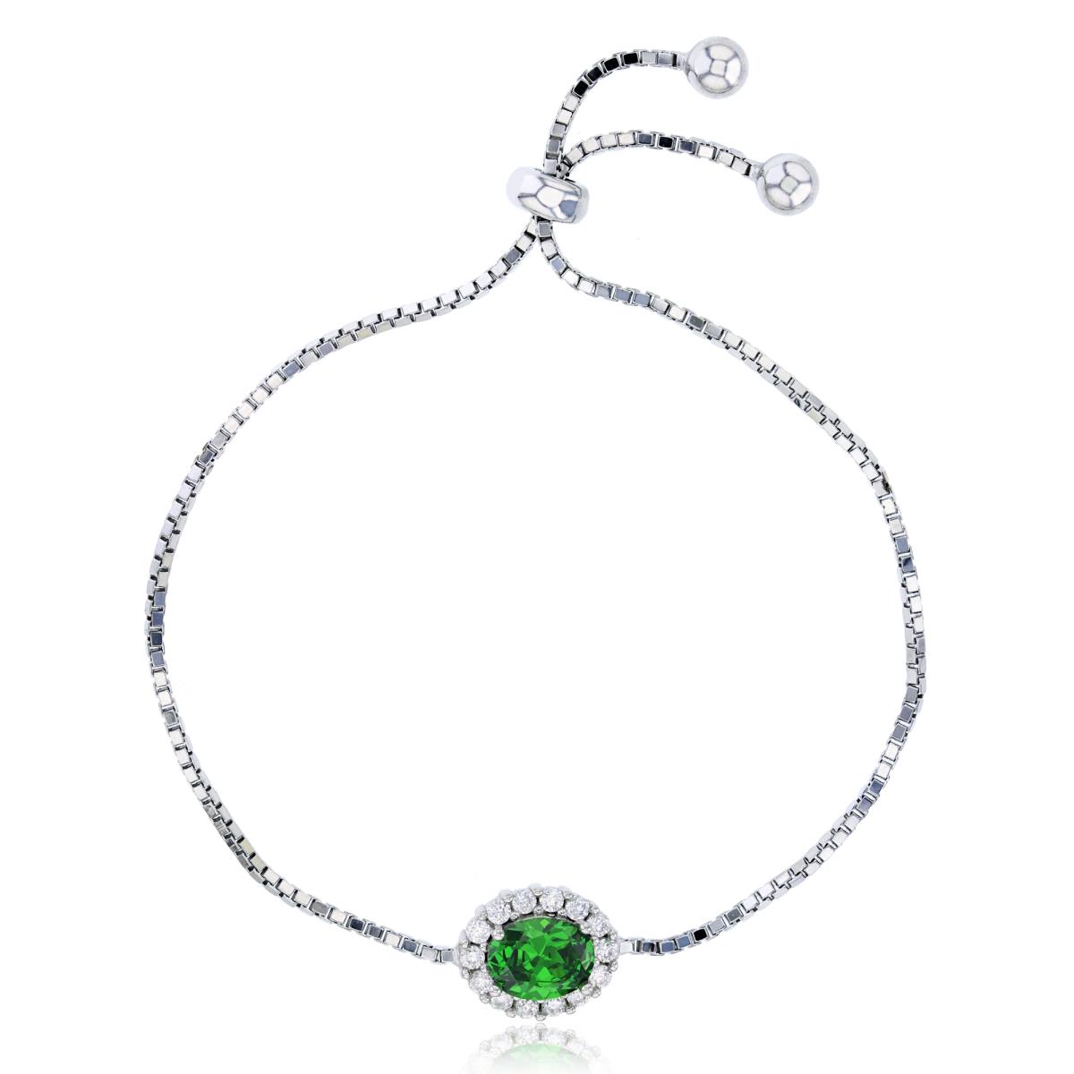 Sterling Silver Rhodium 9x7mm Emerald Oval Cut CZ & White Halo Adjustable Bracelet