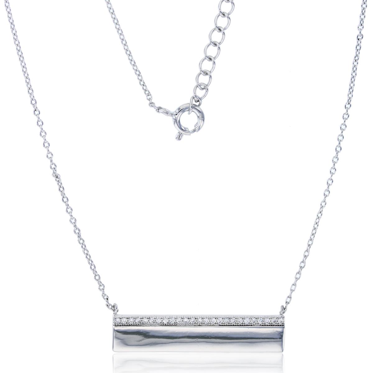 Sterling Silver Rhodium High Polished 1-Row Milgrain ID Plate 16+2" Necklace