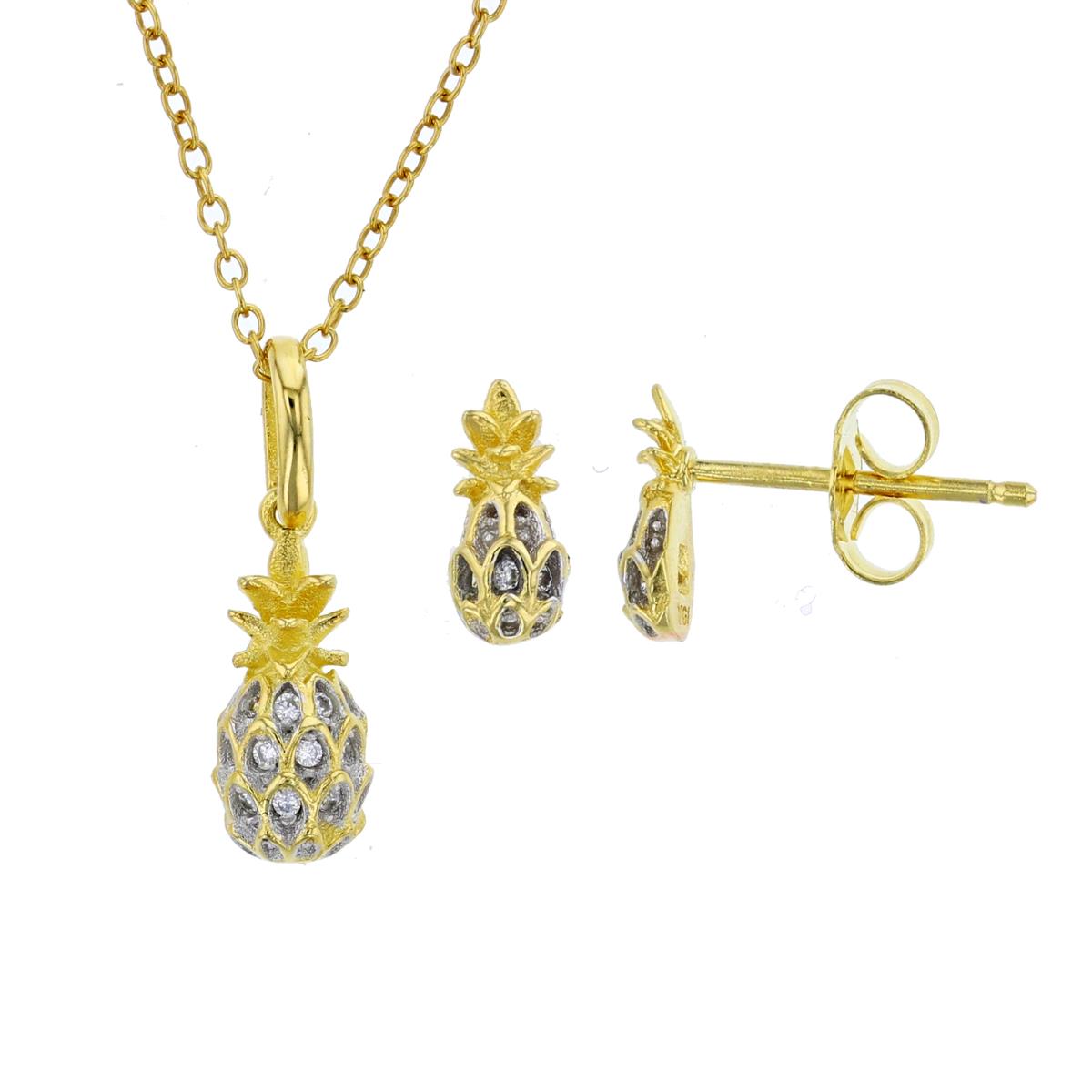 Sterling Silver Yellow Rd Cut CZ Pineapple 13"+2" Necklace & Earring Set