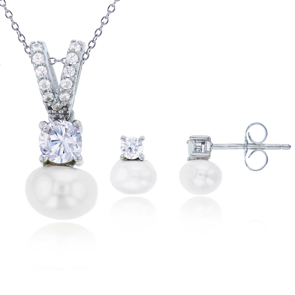 Sterling Silver Rhodium 7mm Freshwater Pearl & 4mm Rd Cut CZ 13"+2" Necklace & Earring Set