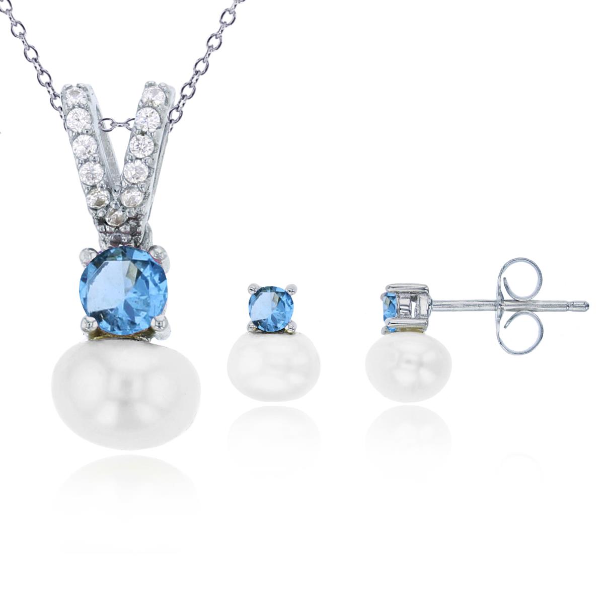 Sterling Silver Rhodium 7mm Freshwater Pearl & 4mm Sky Blue Rd Cut CZ 13"+2" Necklace & Earring Set