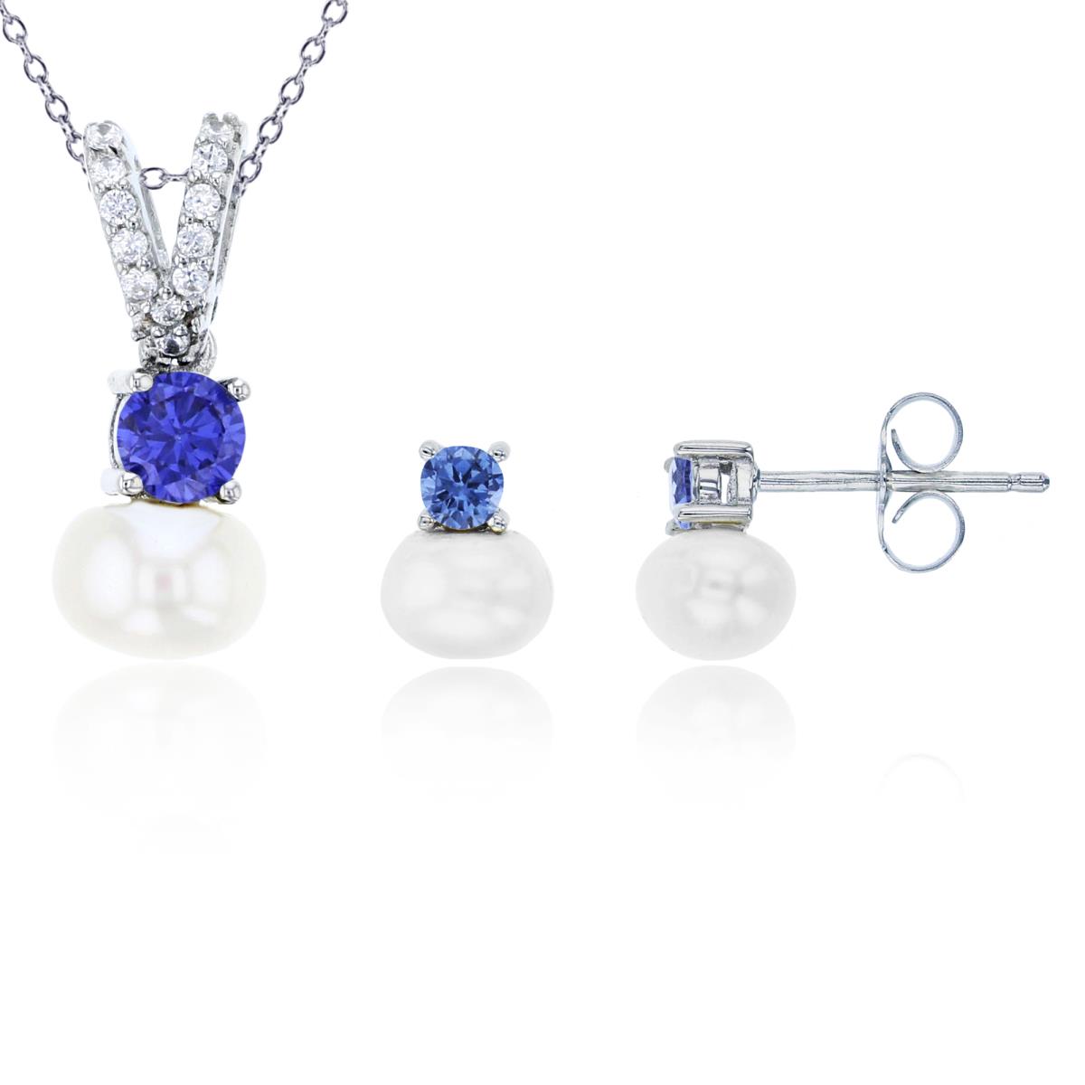 Sterling Silver Rhodium 7mm Freshwater Pearl & 4mm Tanzanite Rd Cut CZ 13"+2" Necklace & Earring Set