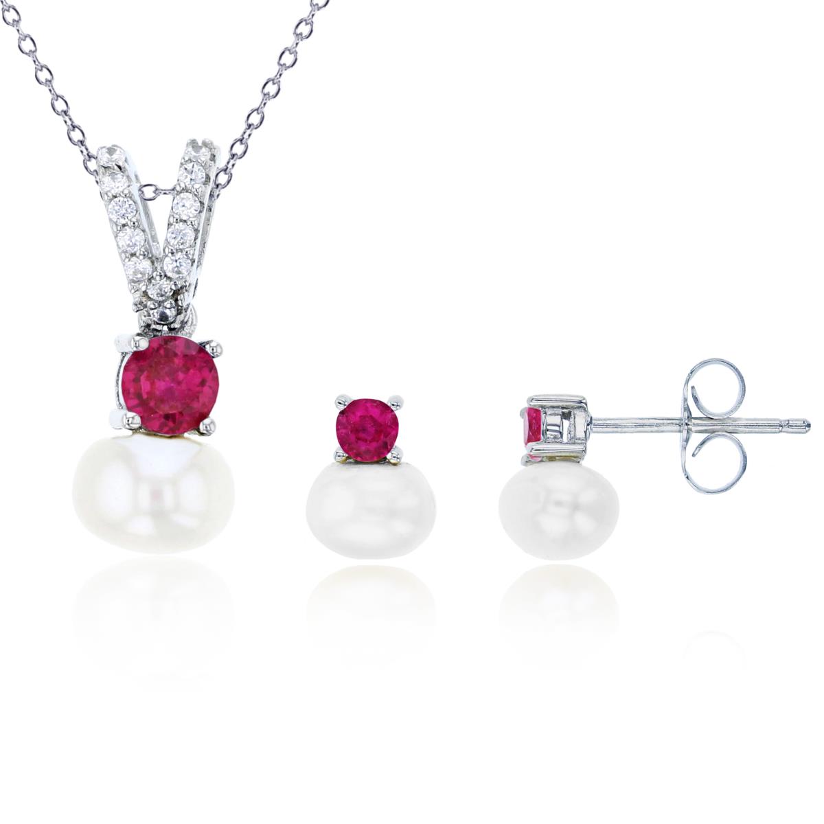 Sterling Silver Rhodium 7mm Freshwater Pearl & 4mm Ruby Rd Cut CZ 13"+2" Necklace & Earring Set