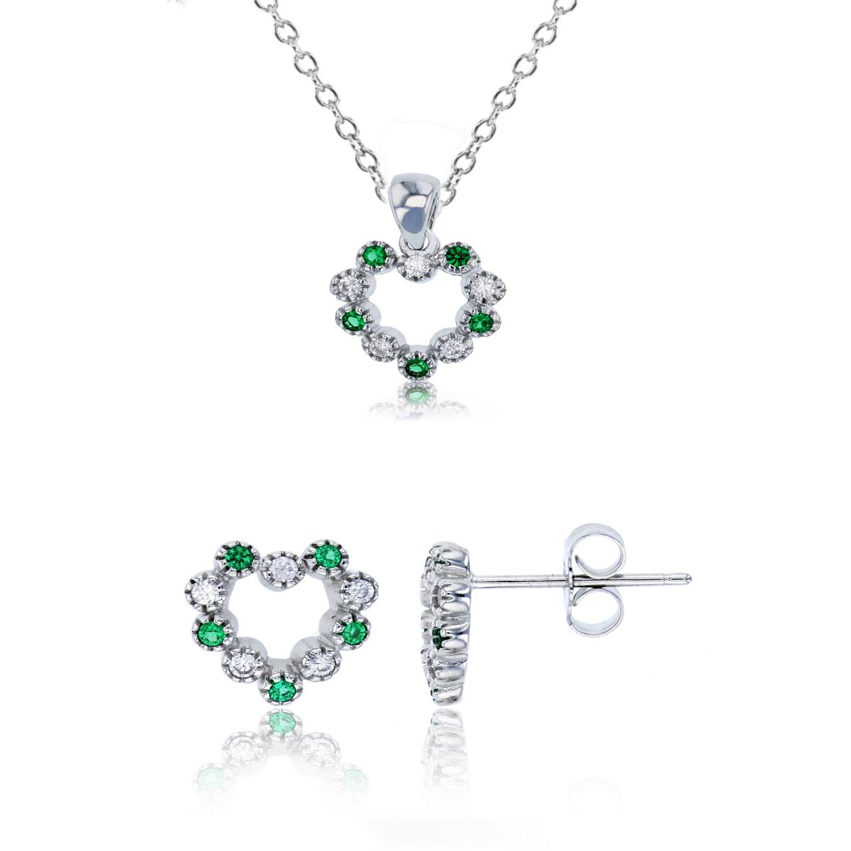 Sterling Silver Rhodium Alternating Green & White CZ Open Heart 13"+2" Necklace & Earring Set