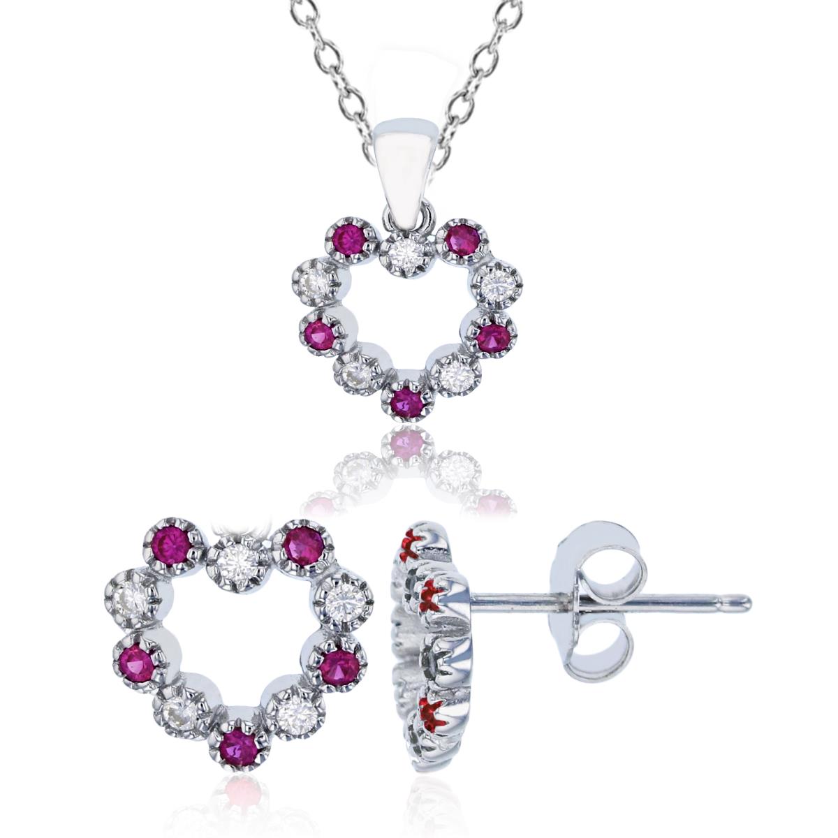 Sterling Silver Rhodium Alternating Ruby & White CZ Open Heart 13"+2" Necklace & Earring Set
