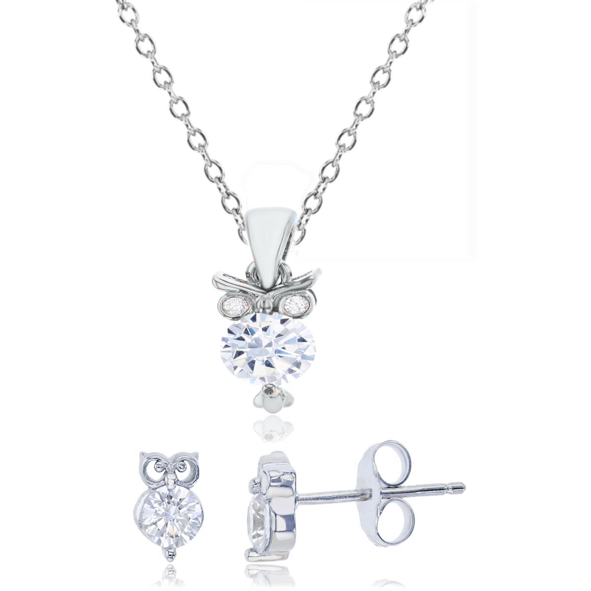 Sterling Silver Rhodium 6mm Round Cut & White CZ Owl 13"+2" Necklace & Earring Set