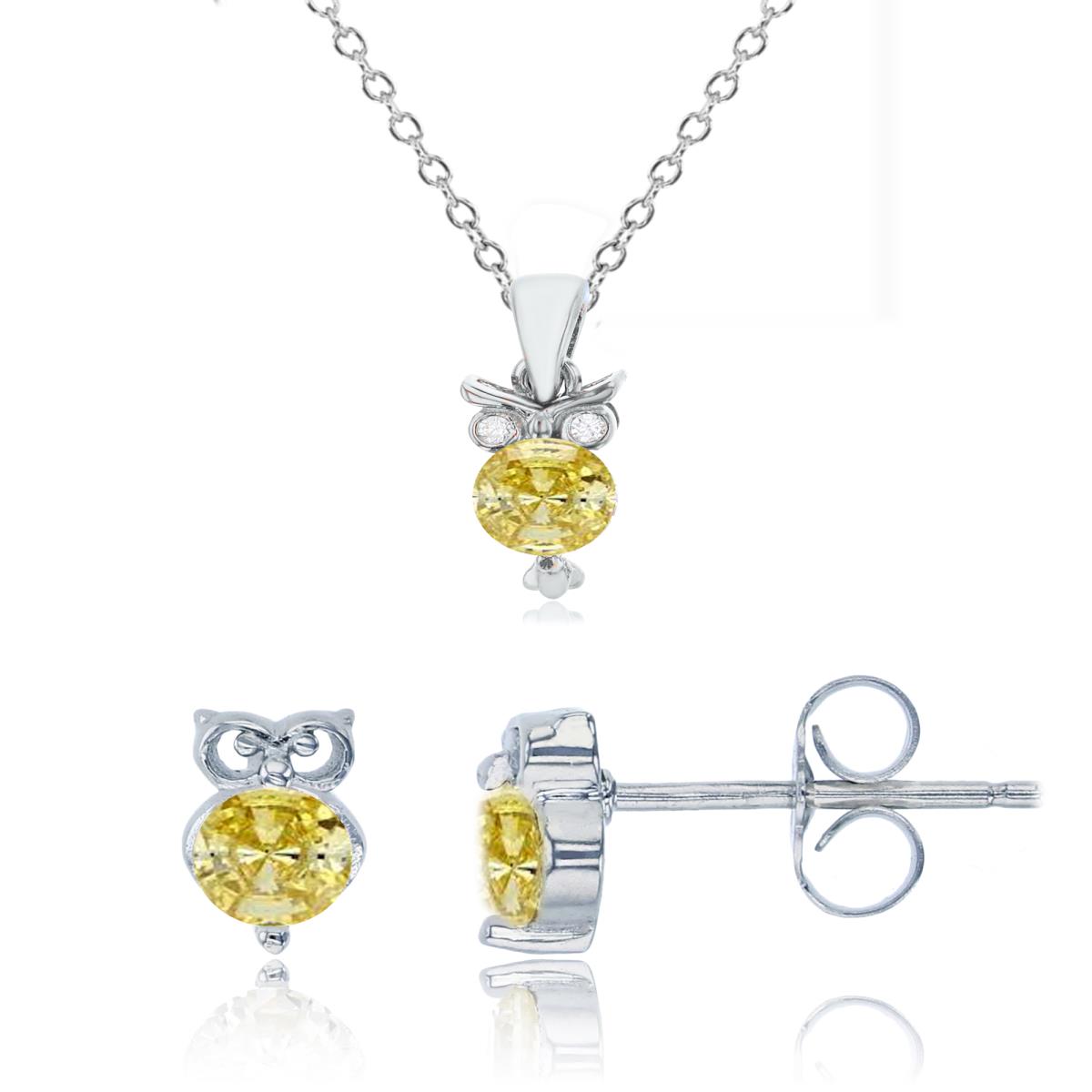 Sterling Silver Rhodium 6mm Canary Yellow Round Cut & White CZ Owl 13"+2" Necklace & Earring Set