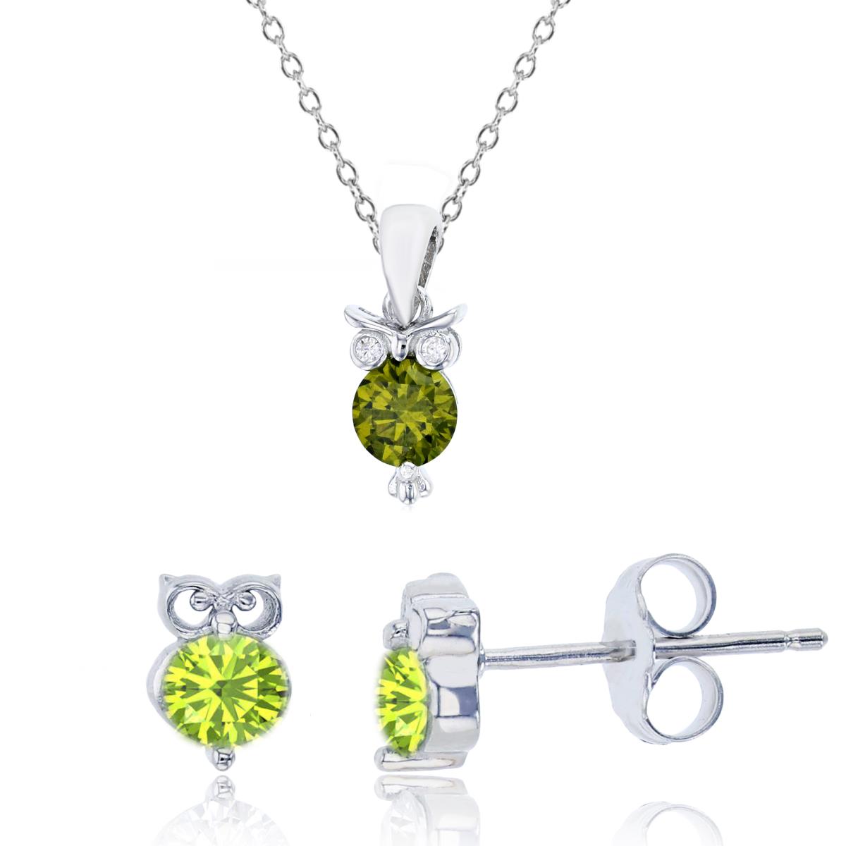 Sterling Silver Rhodium 6mm Peridot Round Cut & White CZ Owl 13"+2" Necklace & Earing Set