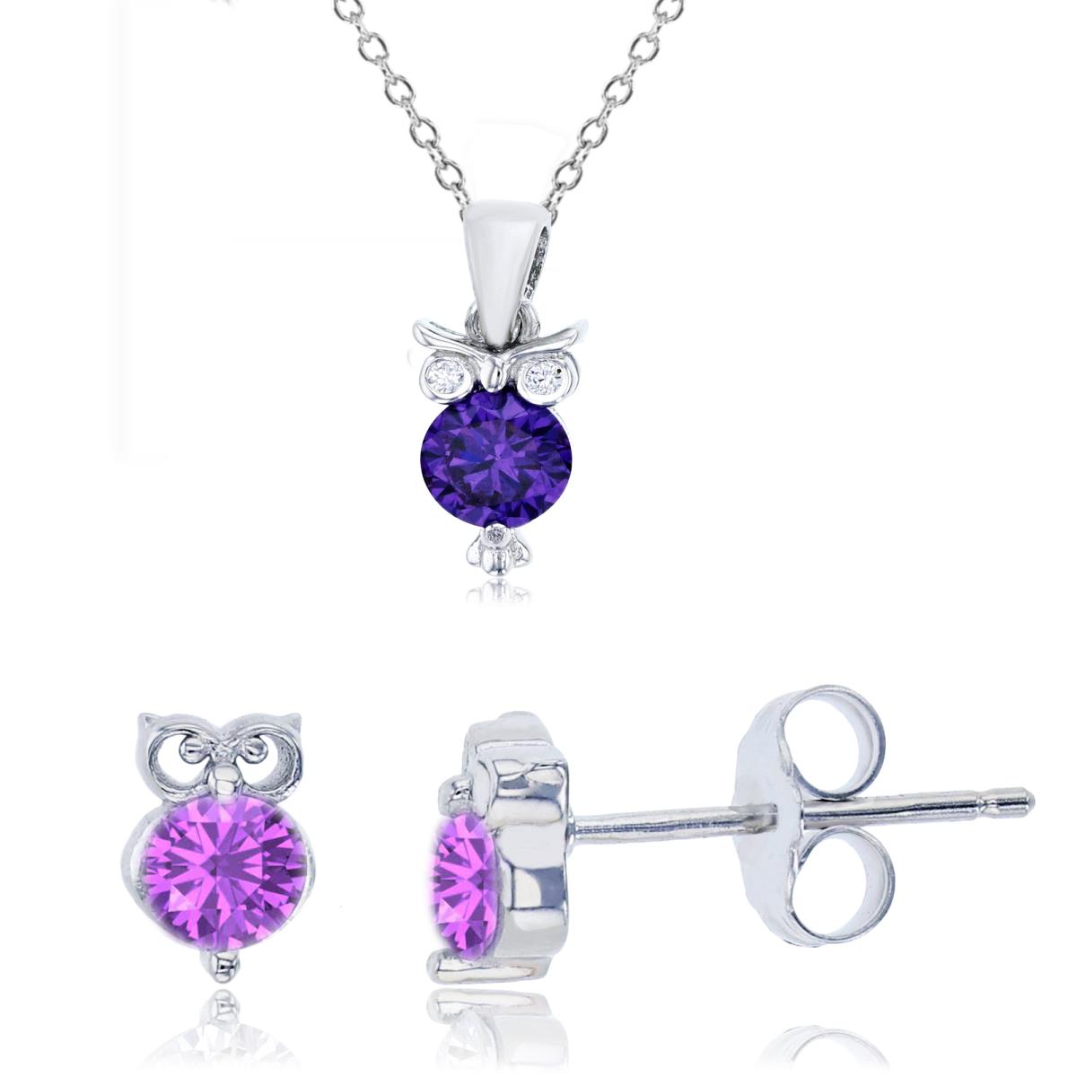 Sterling Silver Rhodium 6mm Amethyst Round Cut & White CZ Owl 13"+2" Necklace & Earring Set