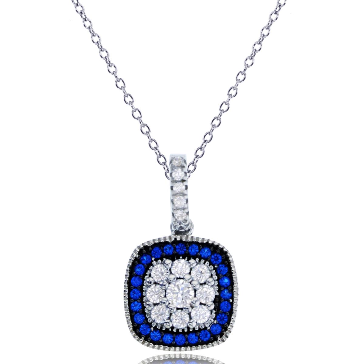 Sterling Silver Black & Rhodium Micropave Sapphire+White Rd CZ Cushion 18" Necklace