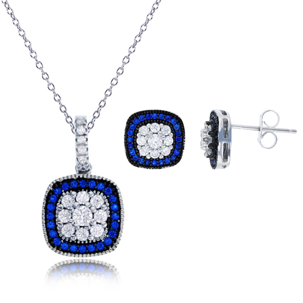 Sterling Silver Black & Rhodium Micropave Sapphire+White Rd CZ Cushion 18" Necklace & Earring Set