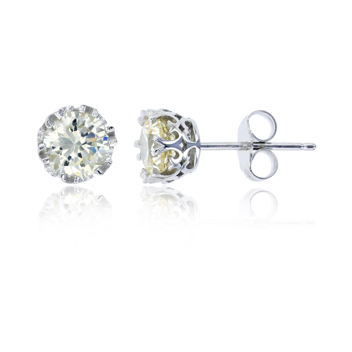 Sterling Silver Rhodium 6mm Canary Yellow Round Cut CZ Crown Setting Solitaire Stud Earring