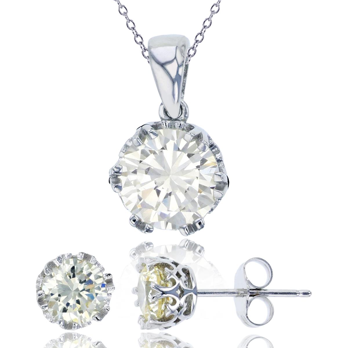 Sterling Silver Rhodium 8mm Canary Yellow Round Cut CZ Crown Setting 18" Necklace & Earring Set