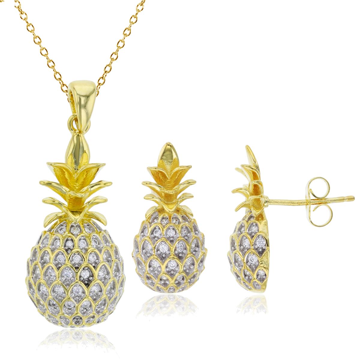 Sterling Silver Yellow 32x12mm Pineapple with Rd Cut CZ 18" Necklace & Earring Set