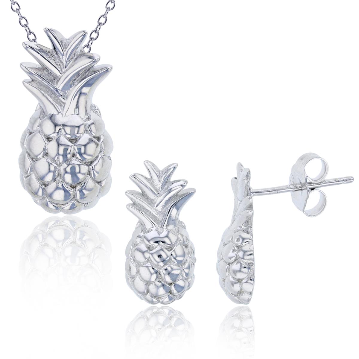 Sterling Silver Rhodium 20x10mm Pineapple 18" Necklace & Earring Set