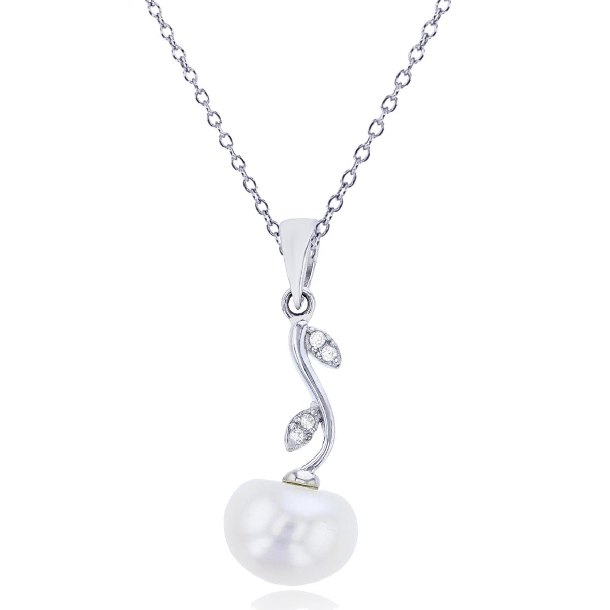 Sterling Silver Rhodium 8mm Freshwater Pearl with Rd Cut CZ Leaf 18" Necklace