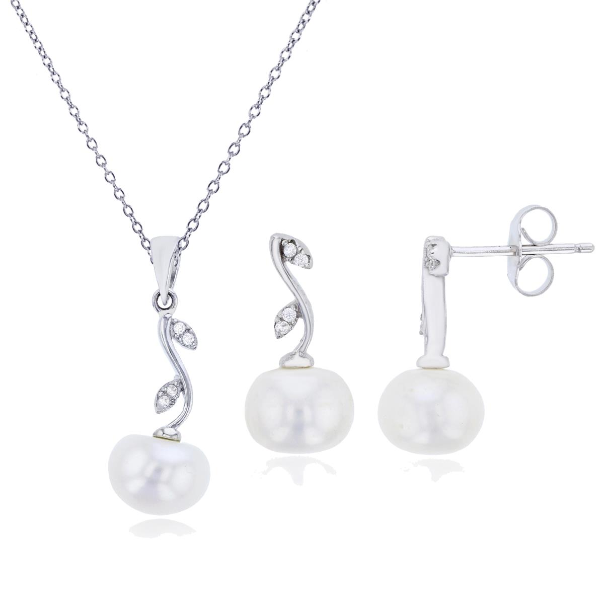 Sterling Silver Rhodium 8mm Freshwater Pearl with Rd Cut CZ Leaf 18" Necklace & Earring Set