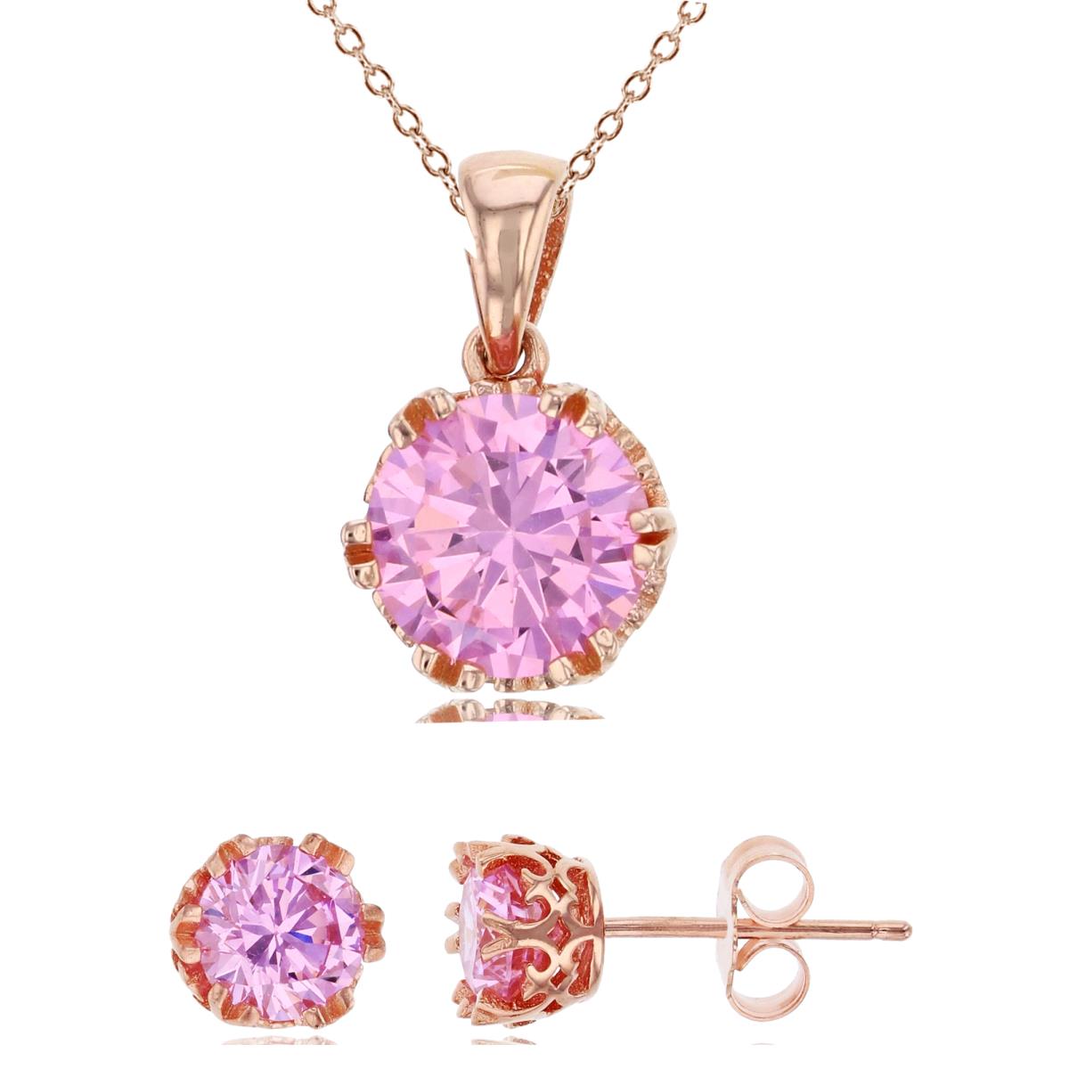 Sterling Silver Rose 8mm Pink Round Cut CZ Solitaire 18" Necklace & Earring Set