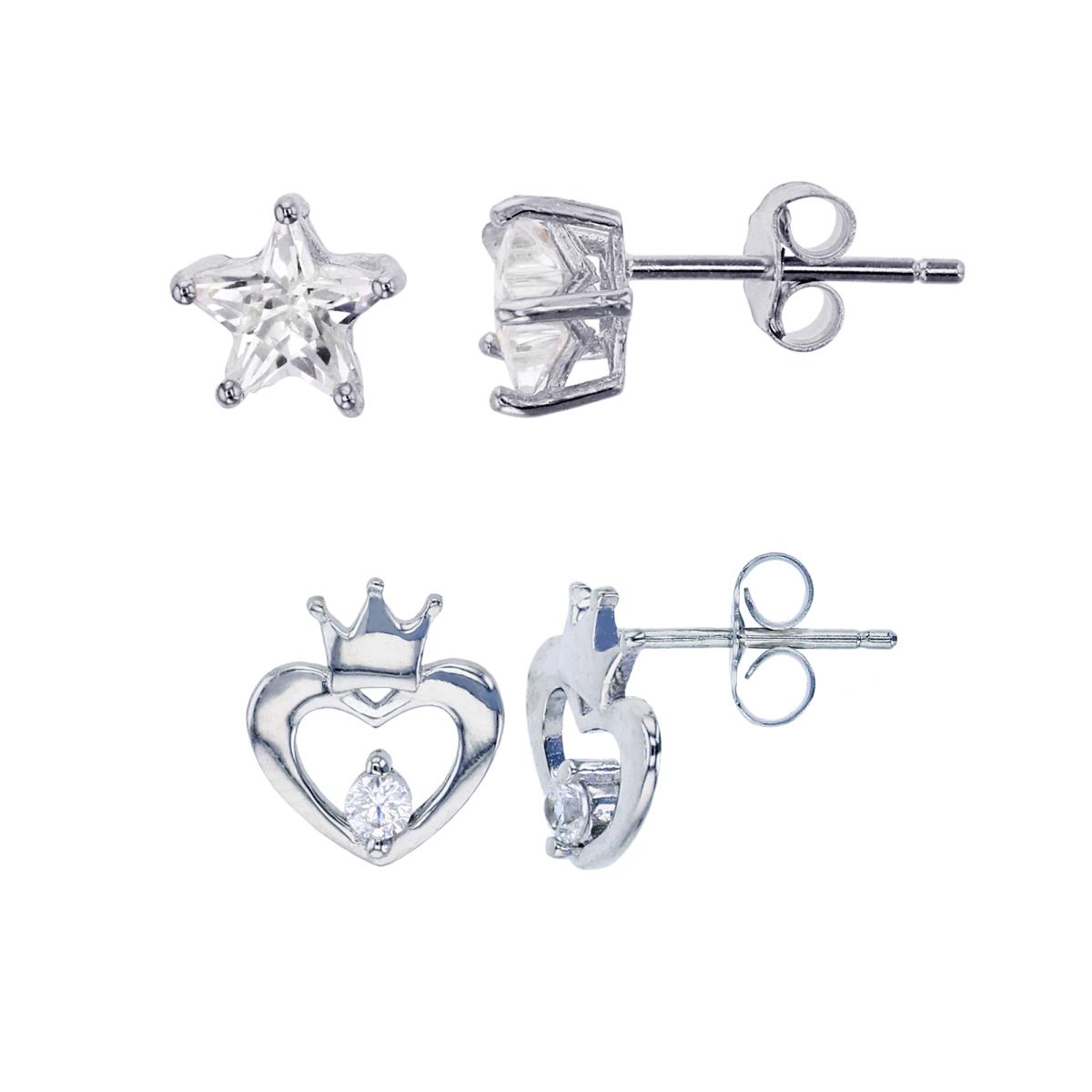 Sterling Silver Rhodium Crown Heart & 5x5mm Star Cut Solitaire Stud Earring Set