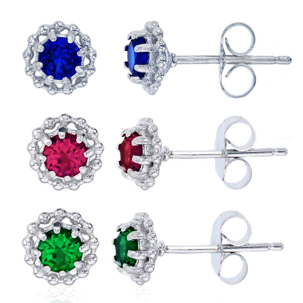 Sterling Silver Rhodium 4mm Sapphire, Ruby & Green Round Cut CZ Flower Stud Earring Set