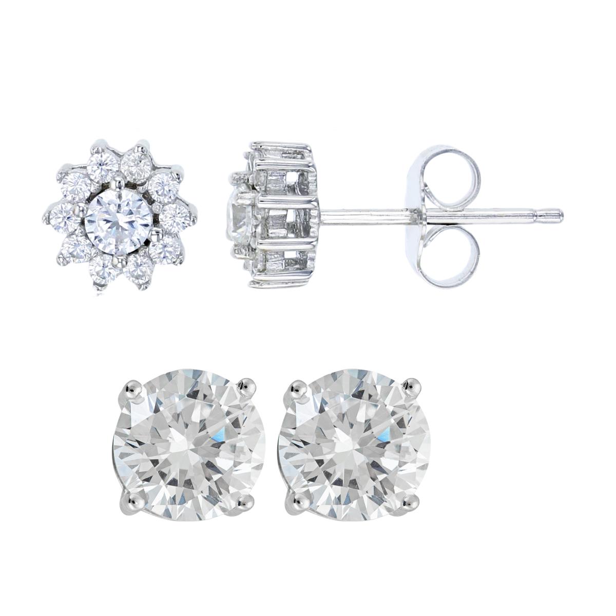 Sterling Silver Rhodium Sunflower & 5mm Round Cut Solitaire Stud Earring Set