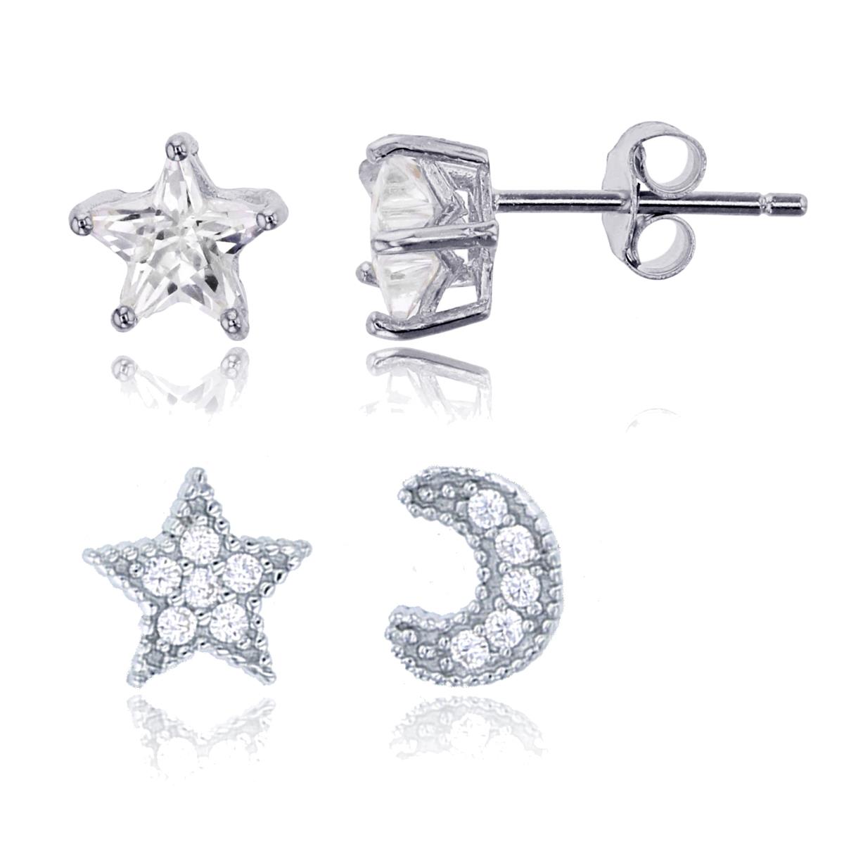Sterling Silver Rhodium Micropave Moon+Star & 5x5mm Star Cut Solitaire Stud Earring Set