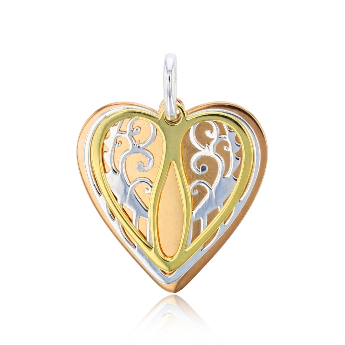 Sterling Silver Tri-Color Polished Triple Heart Dangling Pendant