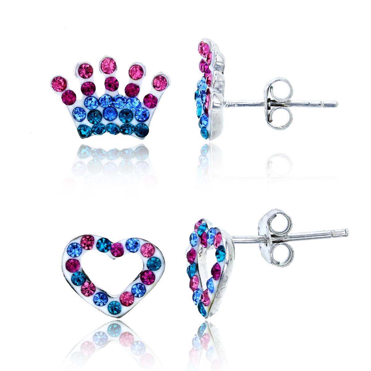 Sterling Silver Rhodium Pink+Blue Crystal Crown & Open Heart Stud Earring Set