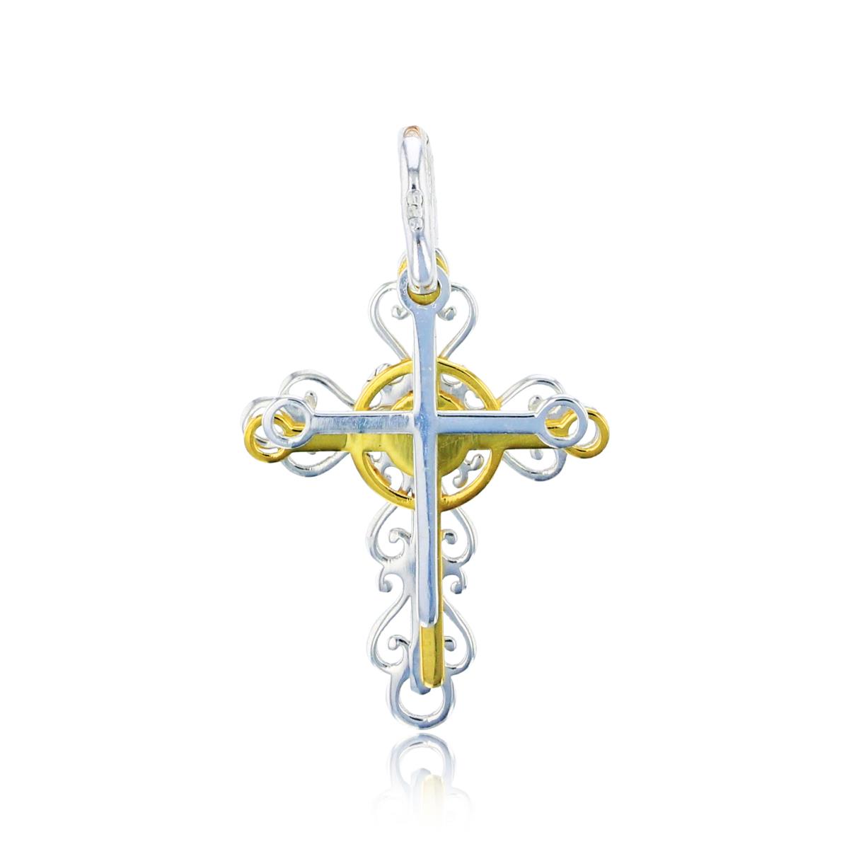 Sterling Silver Yellow & White Polished Triple Crosses Pendant