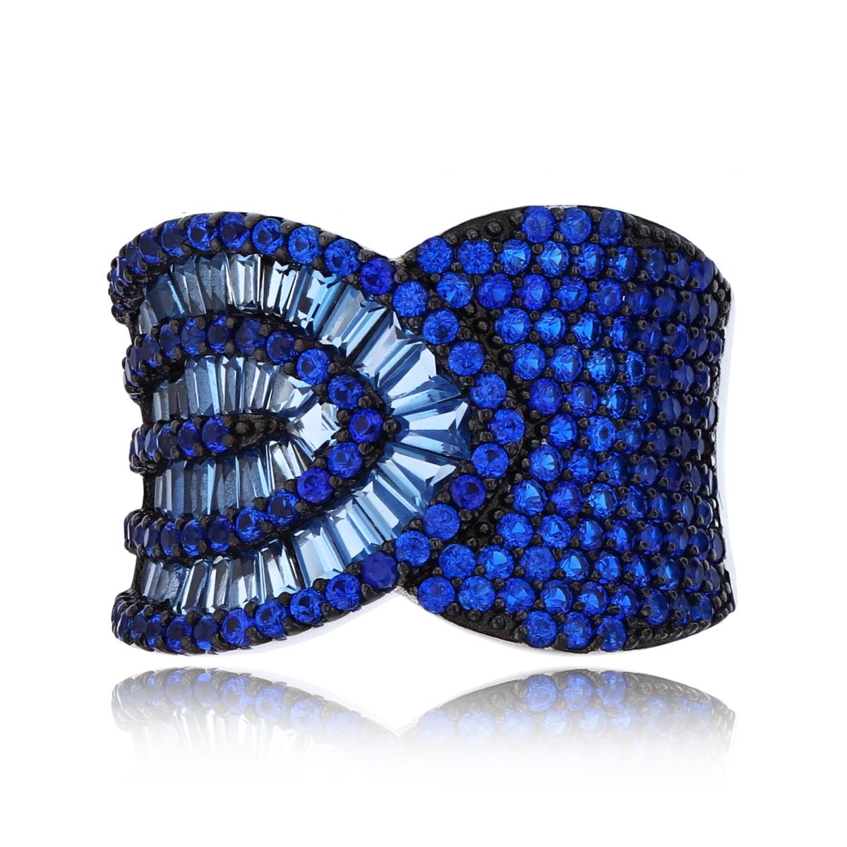 Sterling Silver Black & Rhodium Micropave #113 & #119 Blue Baguette CZ Overlapping Fashion Ring