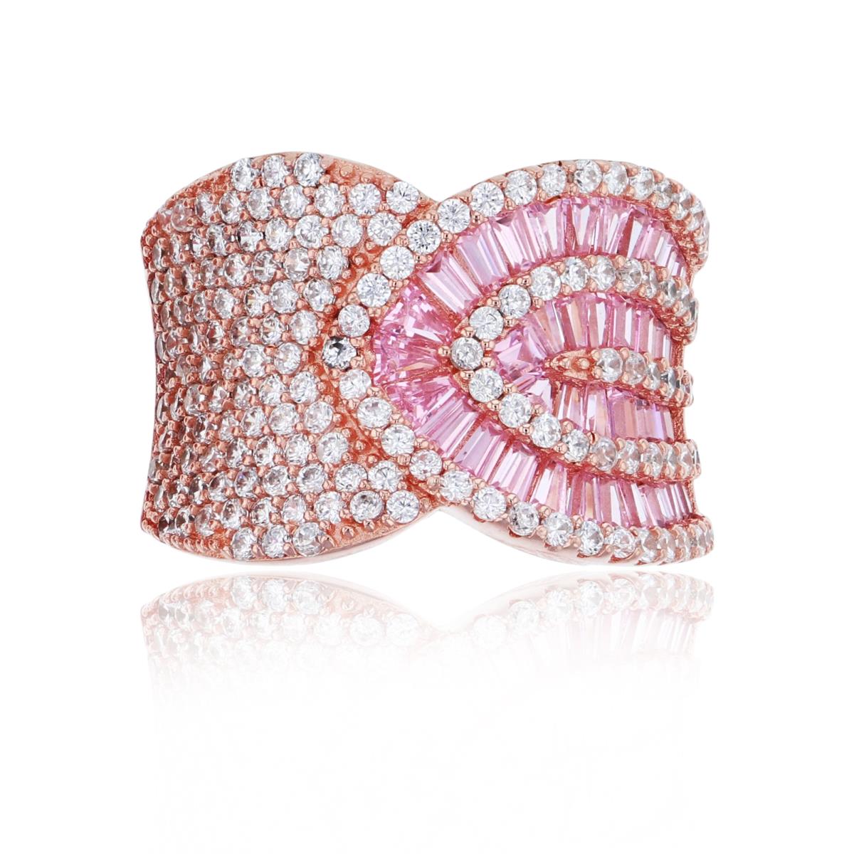 Sterling Silver Rose Micropave White Rd & Pink Baguette CZ Overlapping Fashion Ring