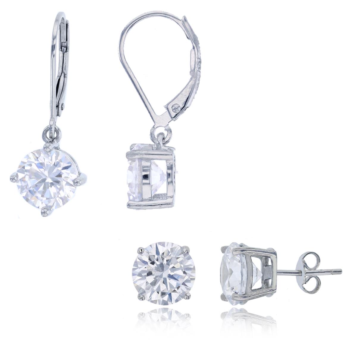 Sterling Silver Rhodium 8mm Round Cut CZ Lever-Back & 8mm Round Solitaire Stud Earring Set