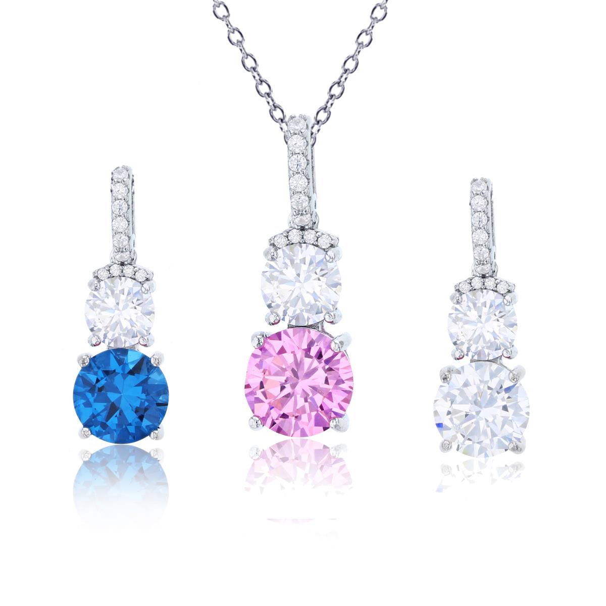 Sterling Silver Rhodium White, Pink & Swiss Blue 8mm & 6mm Round Cut CZ Triple Pendants Set with 18" Rollo Chain 