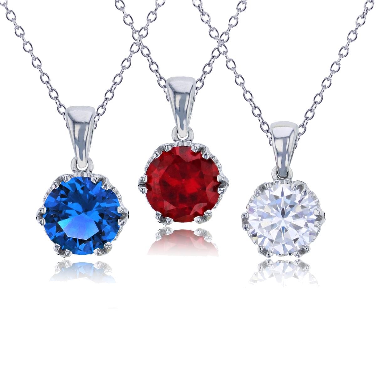 Sterling Silver Rhodium 8mm White, Ruby & Blue Round Cut CZ Set Of 3 Pendants with 18" Rollo Chain