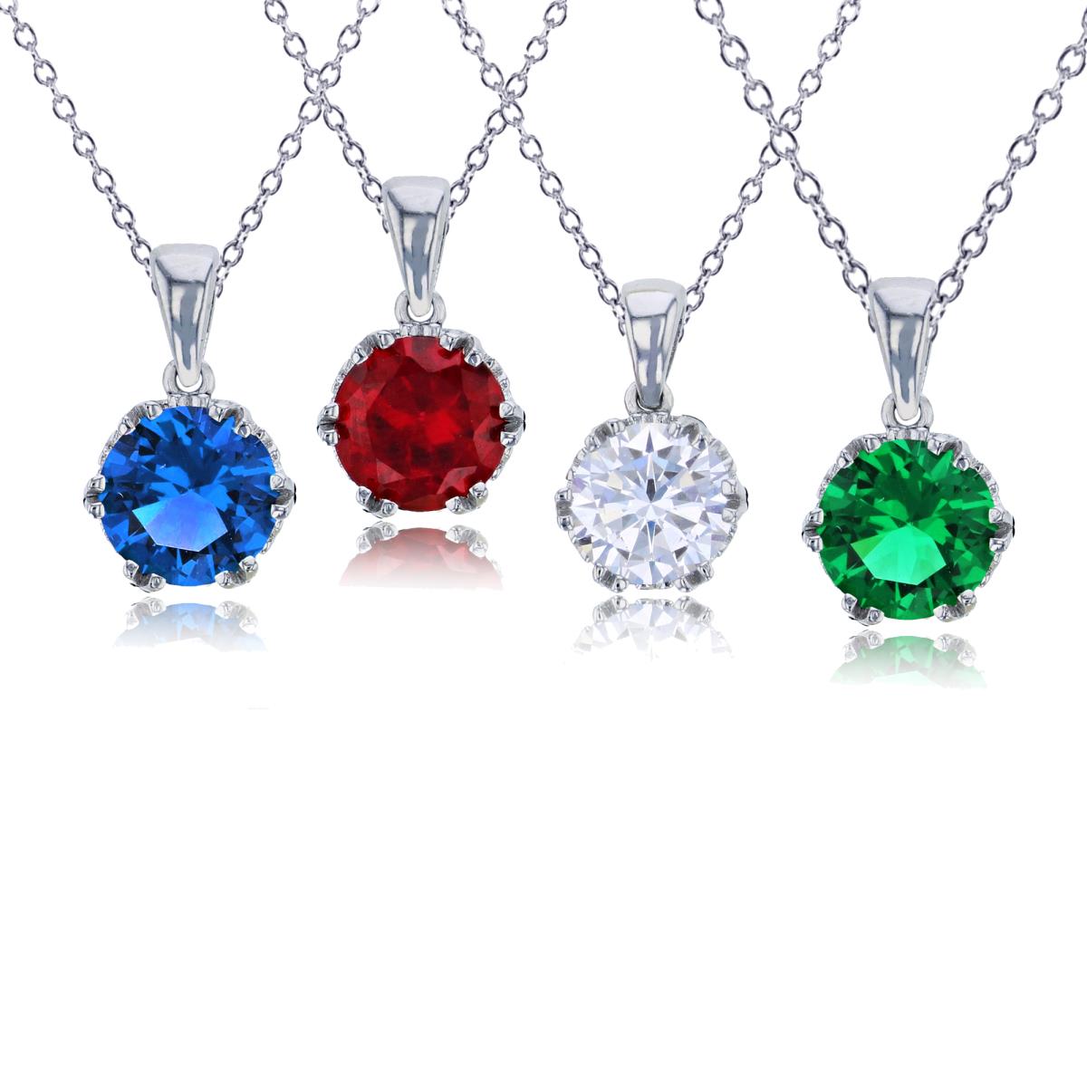 Sterling Silver Rhodium 8mm White, Ruby, Blue & Green Round Cut CZ Set Of 4 Pendants with 18" Rollo Chain