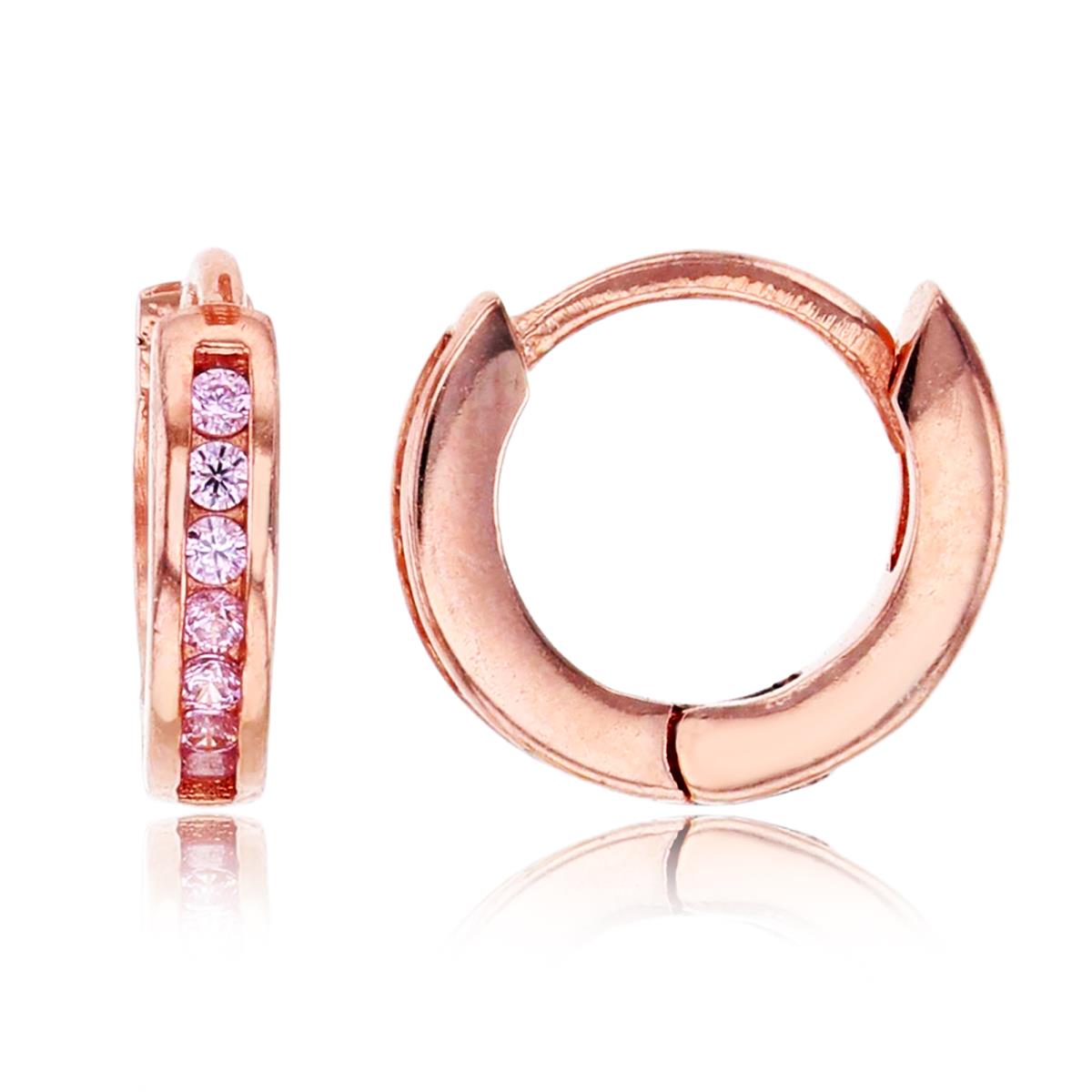 Sterling Silver Rose 10x2mm 1-Row Channel Set Pink Rd Cut CZ Huggie Earring