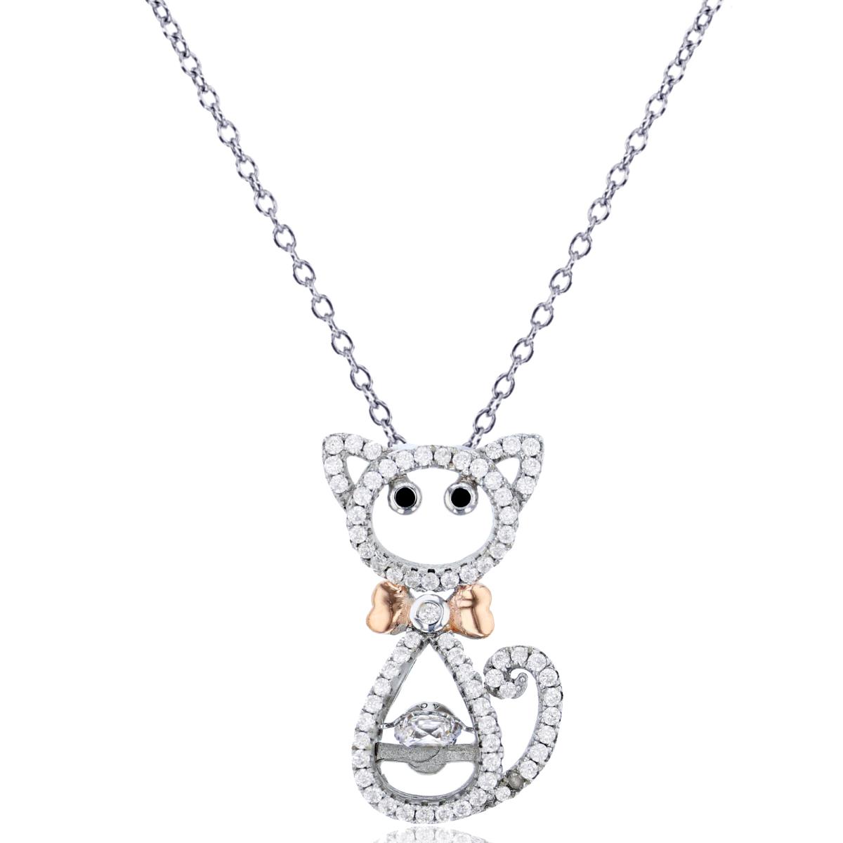 Sterling Silver Rose & Rhodium Micropave Cat 18" Necklace