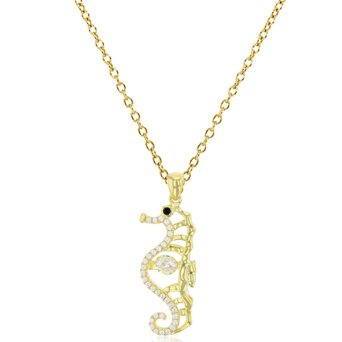 Sterling Silver Yellow Micropave White & Black CZ Seahorse 18" Necklace