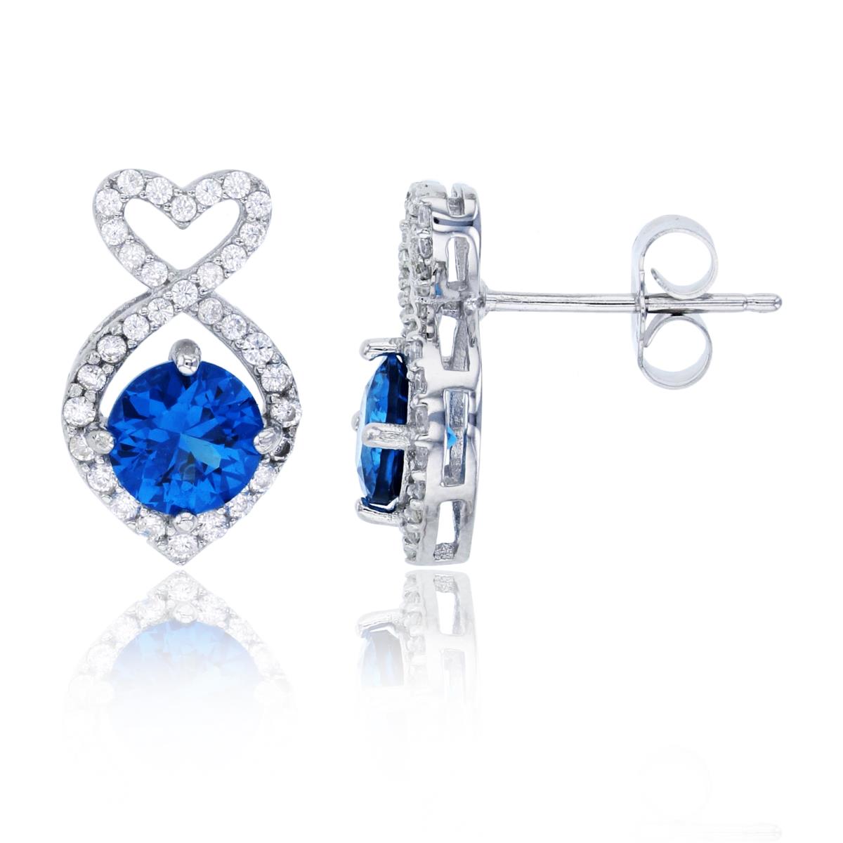 Sterling Silver Rhodium 6mm Swiss Blue Rd Cut & Micropave White CZ Fish-Shaped Stud Earring